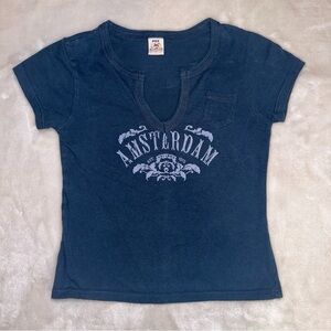 Womens Vintage Fox Navy Amsterdam Graphic Fitted Baby TShirt Size Large